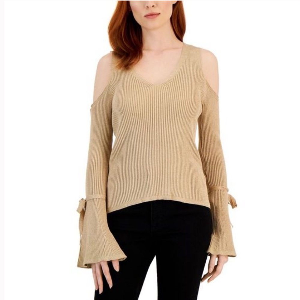 INC International Concepts Glitter Gold Cold Shoulder Bell Sweater Size Medium